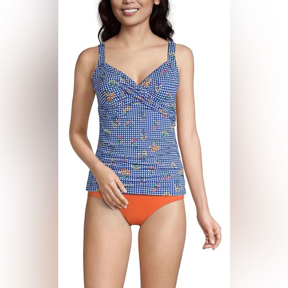 Lands End V Neck Wrap Underwire Tankini Swim Top Blue White Gingham Floral Sz12